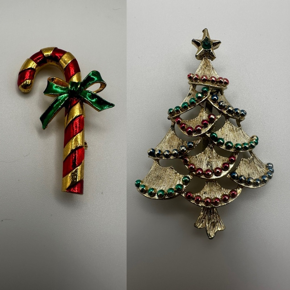 Festive Vintage 1960s Signed Gerrys Brooch Set - Candy Cane and Christmas Tree